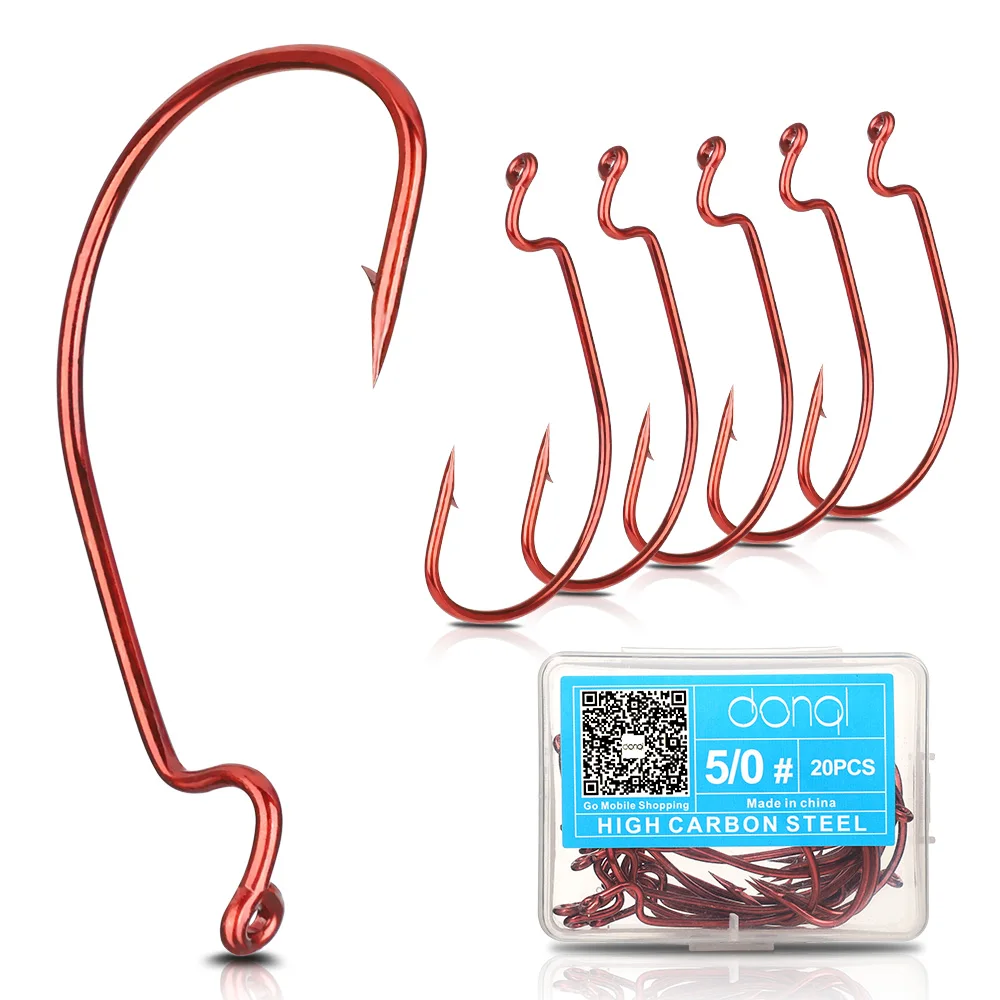 

DONQL 20pcs/ Set Wide Crank Fishing Hook Carbon Steel Red Offset Fishhook For Soft Worm Lure 5/0#-1# Barbed Carp Fishing Hooks