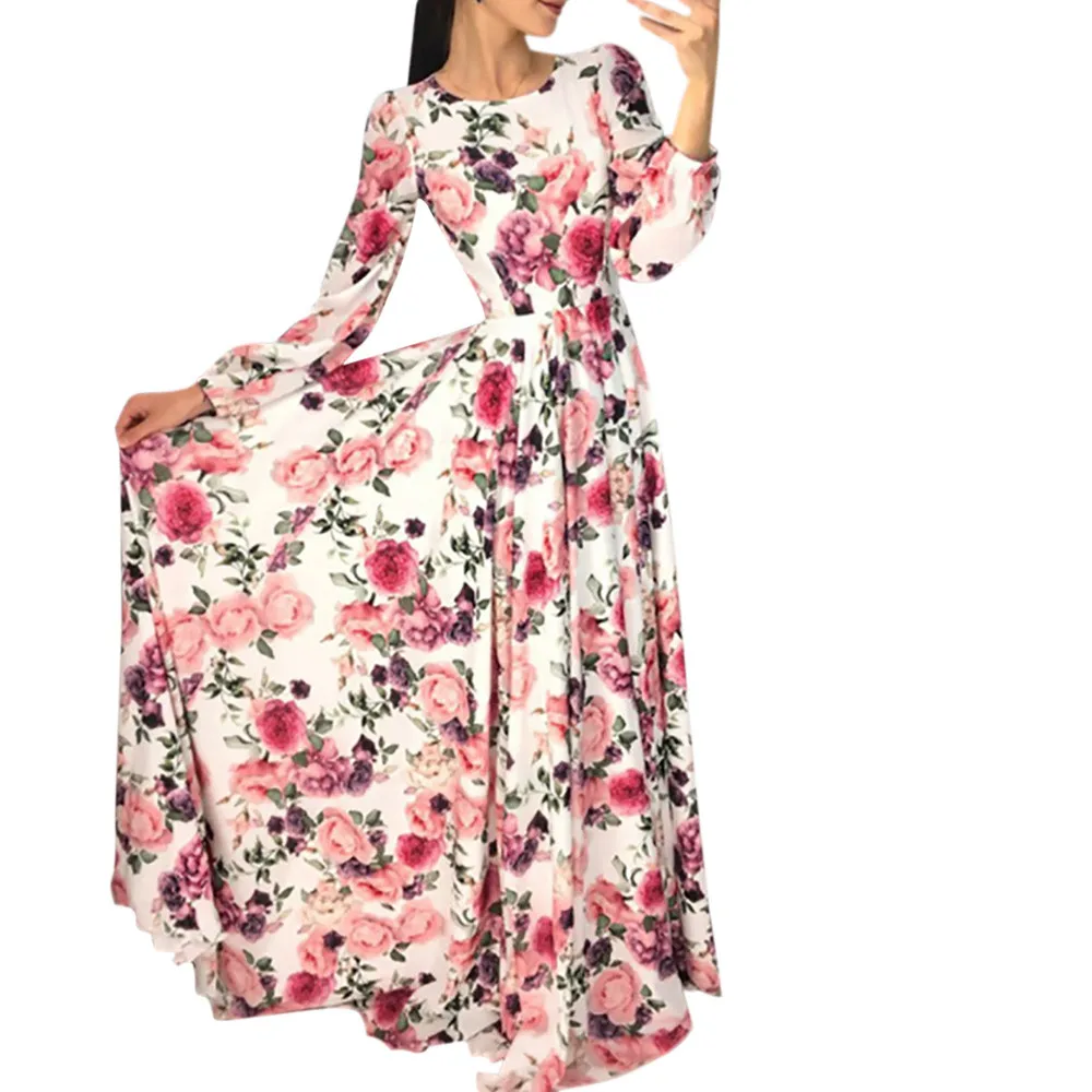 

Summer Dress Woman Boho Floral Print Long Sleeve O-Neck Evening Prom Swing Long Maxi Dress Dress Woman