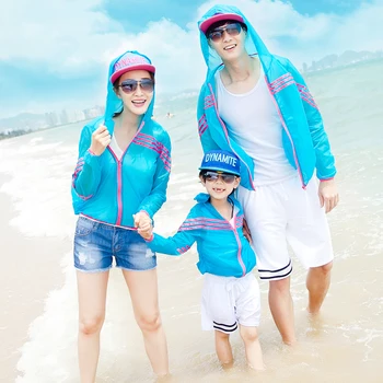 

JY010 Summer Multicolor Boy Girls Sun UV Protection Jacket Kids Rash Guards Hooded Thin Breathable Beach Family Matching Outfits