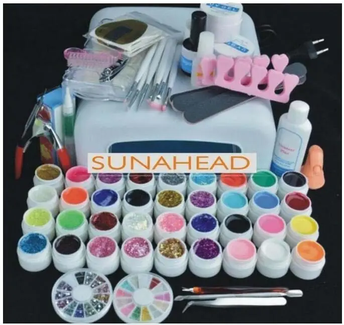 

36w lamp Pro 36 Color UV Gel Builder Nail Art brush pen cuticle fork Form Files tips Finger topcoat Cleanser plus Base Tool Kits
