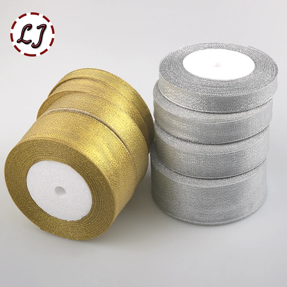 

Brand high quality 5/8'' 3/4''(20mm) 1''(25mm) 1-1/2''(40mm organza Silver gold Glitter ribbon for wedding craft bow decoration