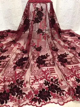 

2018 High Quality African Lace Fabric Wine Red Velvet French Net Embroidery Sequins Tulle Lace Fabric For Nigerian party Dress