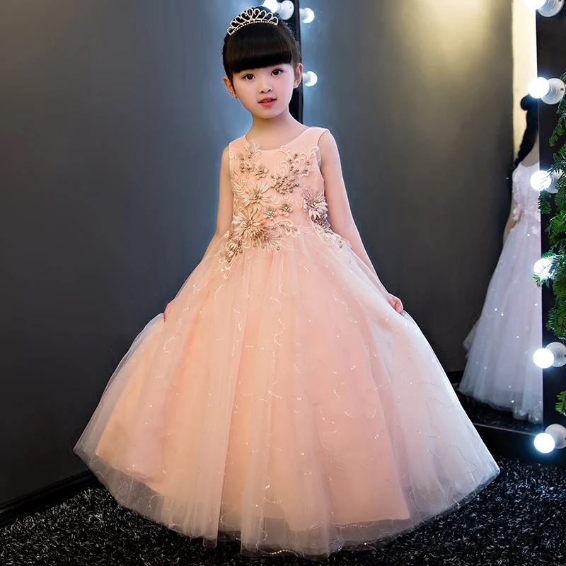 

Elegant Sequin Appliques Pink Lace Girls Wedding Dress Flower Girl Dresses Girls Birthday Prom Formal First Communion Gown