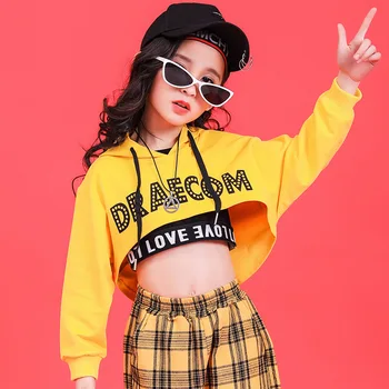 Yellow Girls Boys Hip Hop Hoodies Dance Clothes for Kids Jazz Dancing Costumes T Shirt Ballroom Crop Tops Plaid Jogger Pants 6