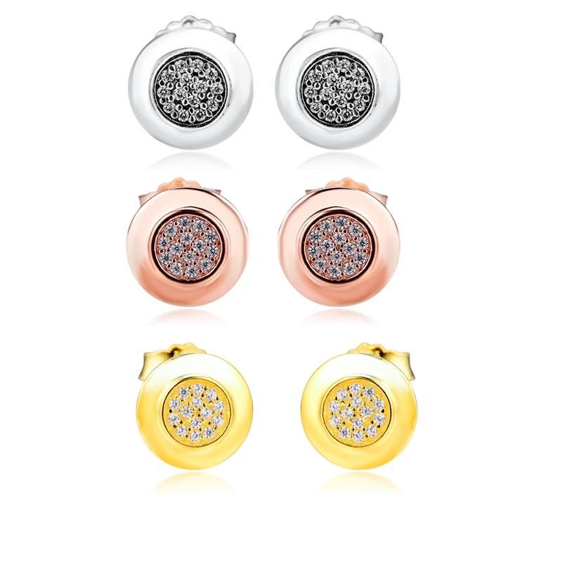 

Round Earrings 100% 925 Sterling Silver Clear Zircon Silver ,Rose and Gold Stud Earrings for Women Gift free shipping PFE009SRG