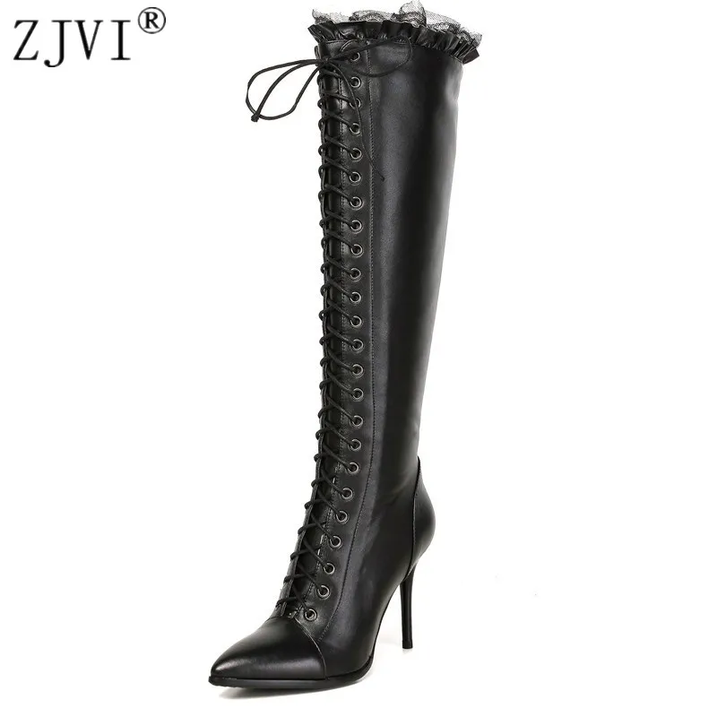 

ZJVI womens Genuine Leather knee high boots women pointed toe Motorcycle thigh high boots woman thin high Heels shoes