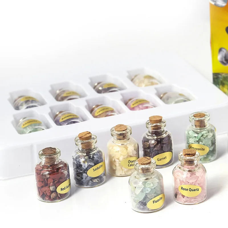 Mini 9 Bottles Natural Gemstone Chips Crystal Healing Tumbled Reiki Stones