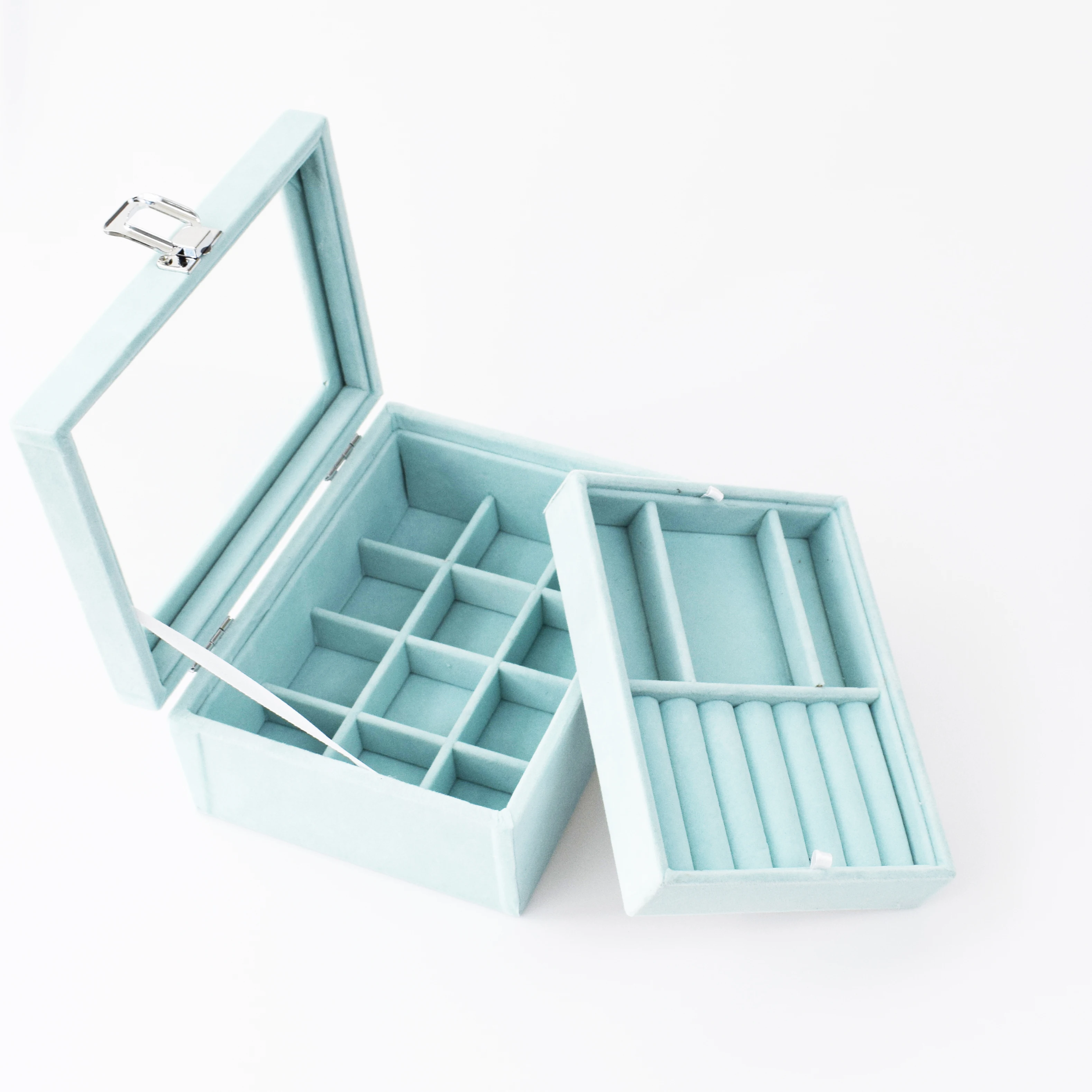 

2 Layer Box Clear Lid Ring Earrings Organizer Holder Velvet 12 Grid Jewelry Tray Box Removable Display Storage Necklace Bracelet