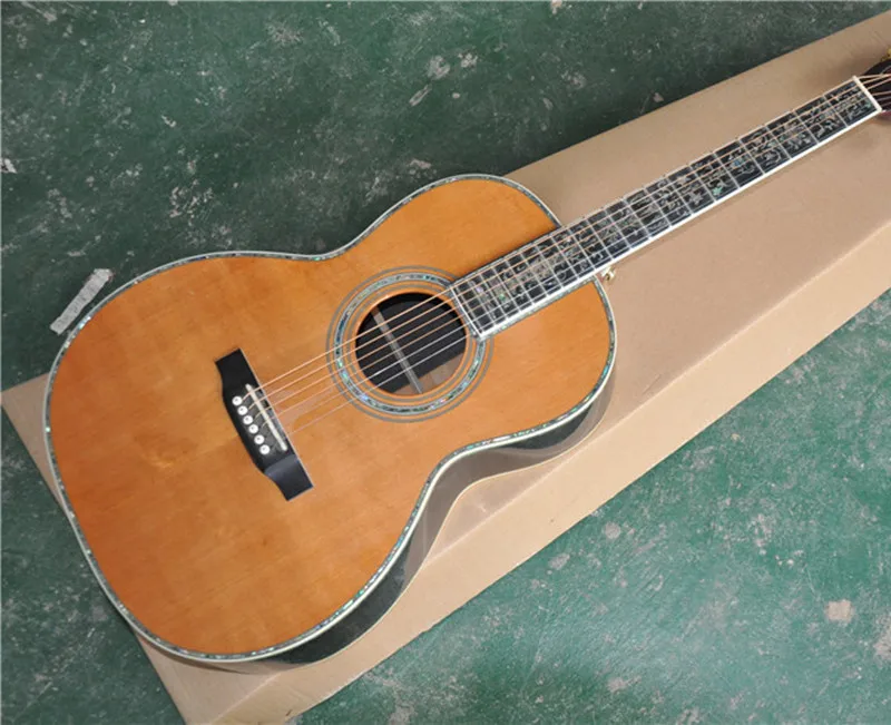 

6-String Acoustic OM Shape,Folk Guitar,Natural wood Color Solid Top,Red Cedar wood Front and Flower Fret Marks Inlay and Binding