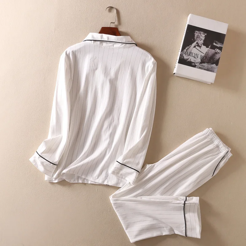 Pajamas Sets Women Striped Casual Cotton Long Sleeve Sleepwear Suit 2 Piece Sets Spring Homewear Lounge Pants Suits