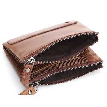 

Men's Genuine Leather Wallet Short Double Zipper Money Clip Head Layer Leather Anti-RFID Card Package