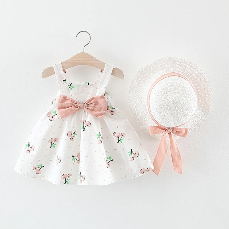 

Summer Girls Dresses Baby Girl Clothes Infants Kids Children Printed Dot Cherry Princess Bow Straped Dress Vestidos+Hat WT142