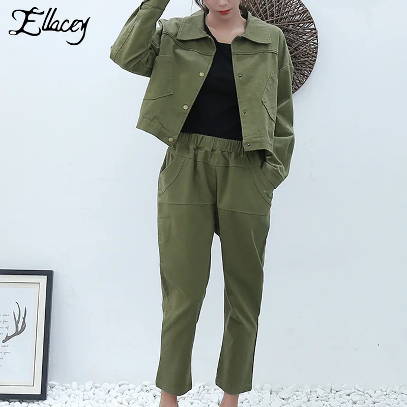 

Ellacey Spring 2019 Safari Stye Two Piece Outfits Army Green Women's Suit Jacket and Pants Suits Literary Casual 2 Pieces Set