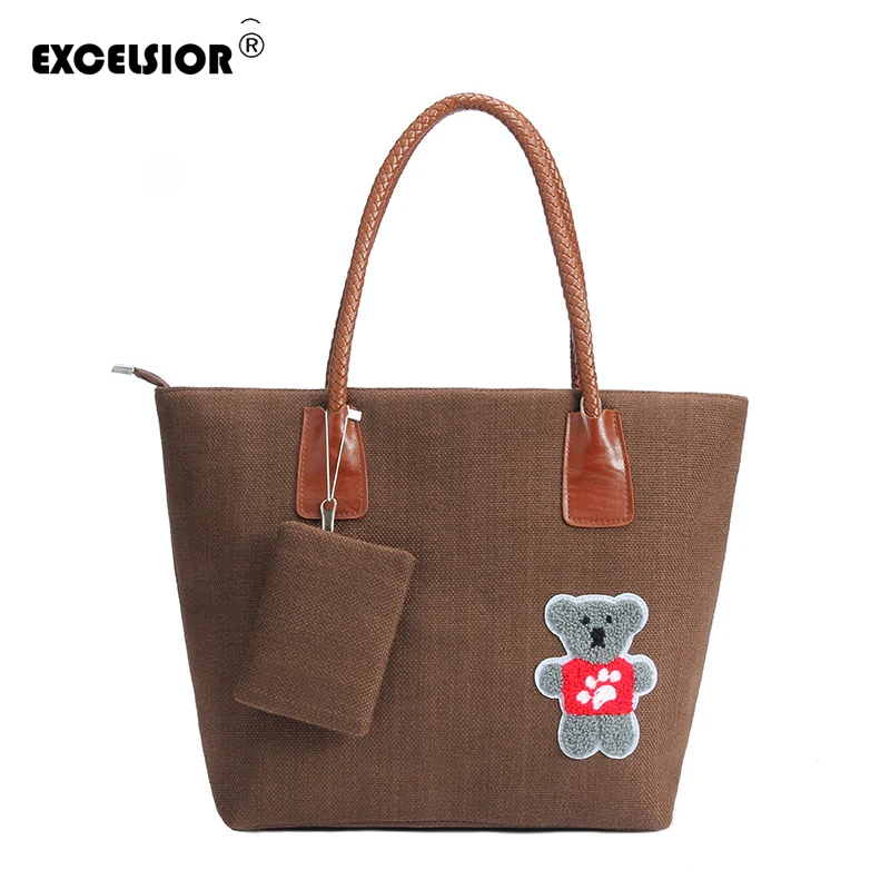 

EXCELSIOR Casual Tote High Quality Canvas Women Bags Pu Leather Strap Hand-Protection Design Cute Bear Decorated Handbag New