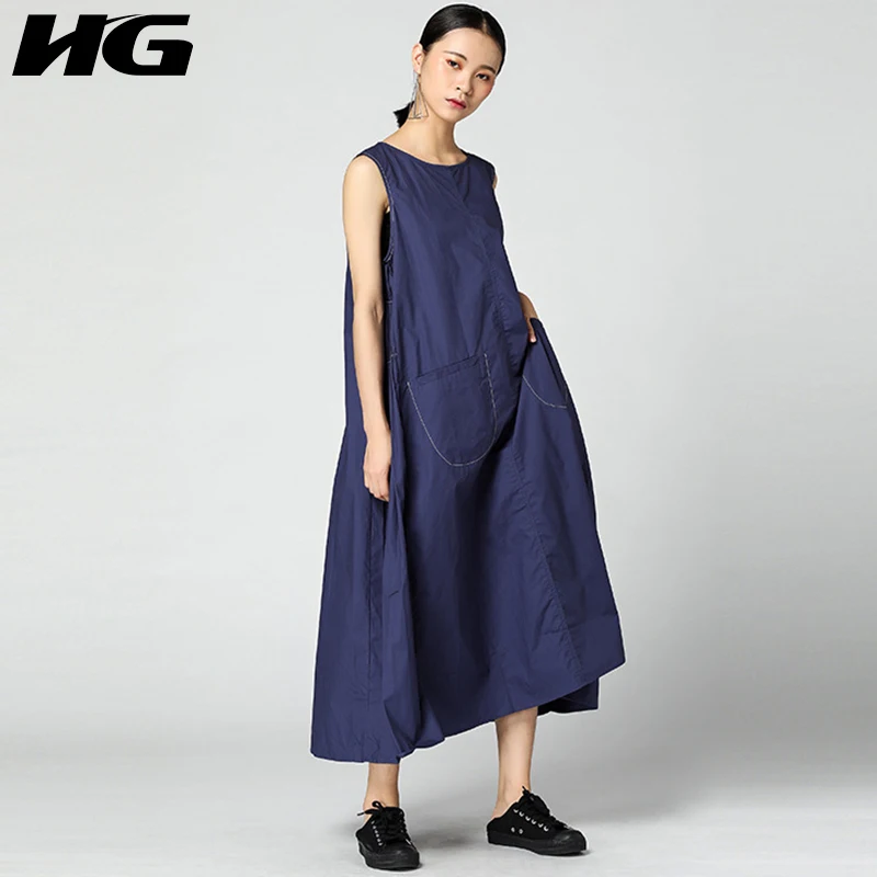

[HG] Europe Fashion Women Summer 2018 O-neck Sleeveless Loose Dress Female Solid Color Pockets Pleated Mid-calf Dress CXB1160