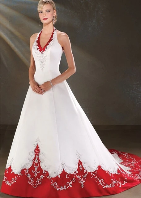 Backless Halter Satin A Line Red And White Wedding Backless Halter Satin A Line Red And White Wedding Dresses Bridal Bride Gowns