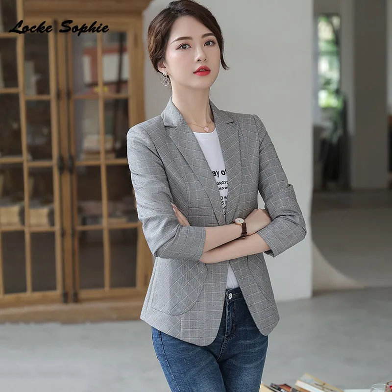 1pcs Women's Plus size Blazers coats 2019 Autumn Fashion cotton blend plaid Small Suits jackets ladies Skinny Blazers Suits