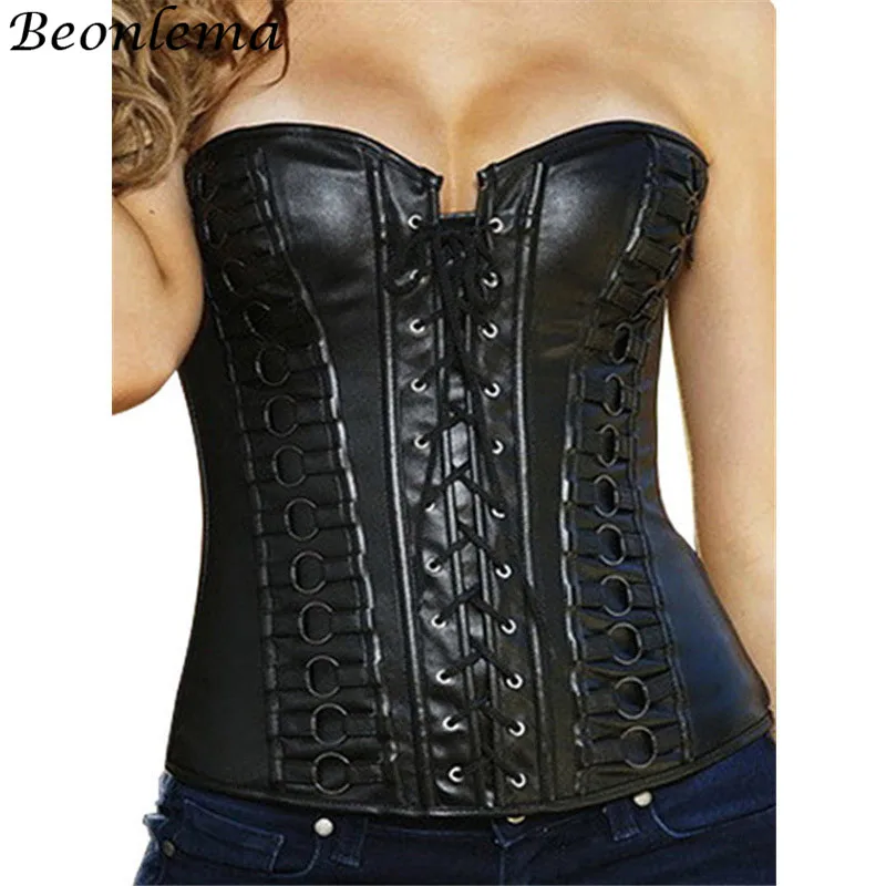 BEONLEMA Women Sexy Black Waist Corsets Leather Simple Strap Waist