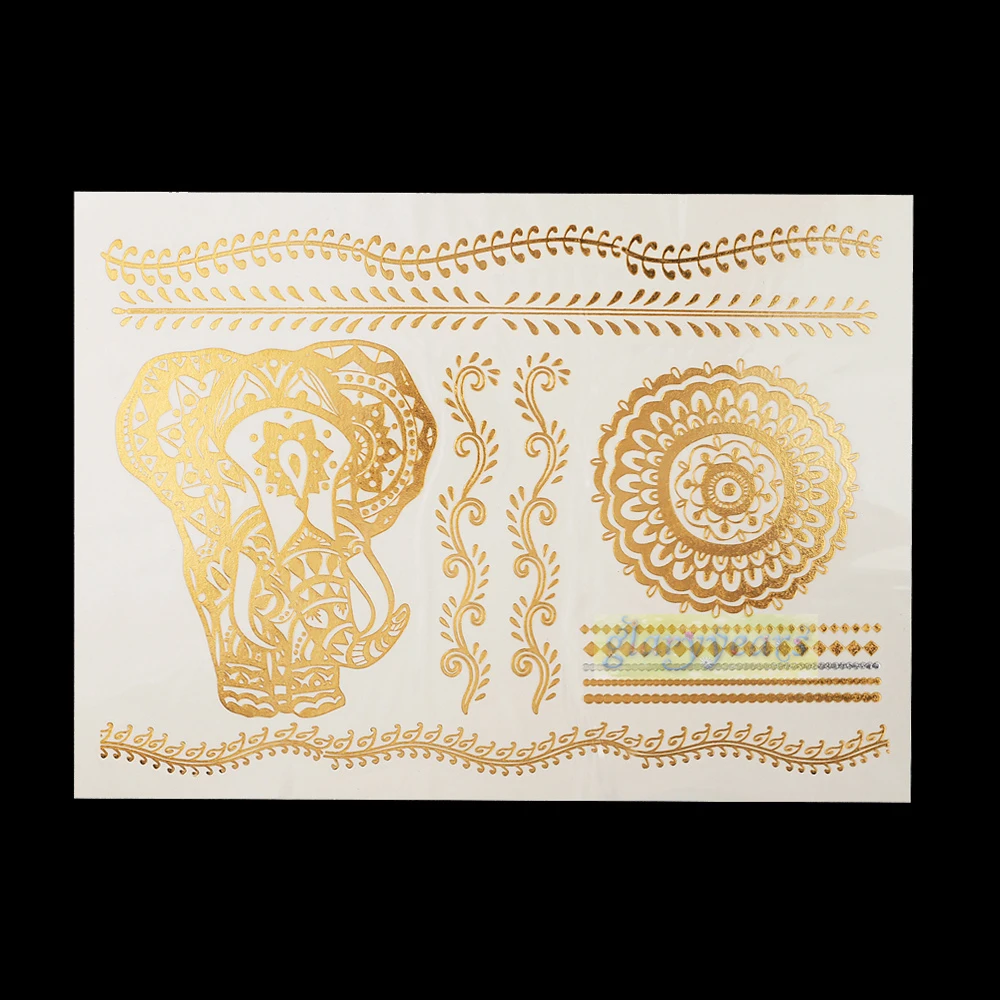 

1PC Hot Flash Metallic Waterproof Temporary Tattoo Gold Silver Men Women Henna GH-32 Elephant Wave Chains Design Tattoo Sticker