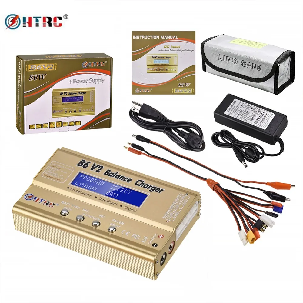 HTRC B6 V2 80 Вт 6A LiPo баланс зарядное устройство 8 в 1 зарядное устройство набор кабелей 15V6A адаптер переменного тока Lipo Безопасный мешок светодиодный аккумулятор Dis зарядное устройство