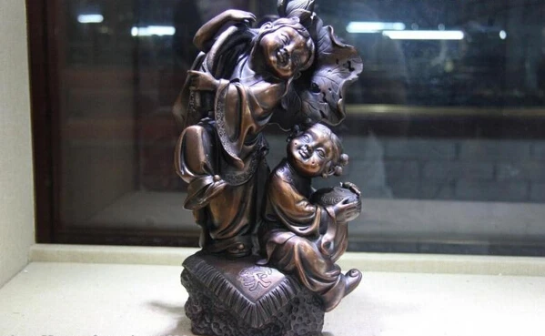 

150401 S1180 Bronze Copper famous Lotus leaf Two Boys Hehe Hop Immortals God Buddha Statue