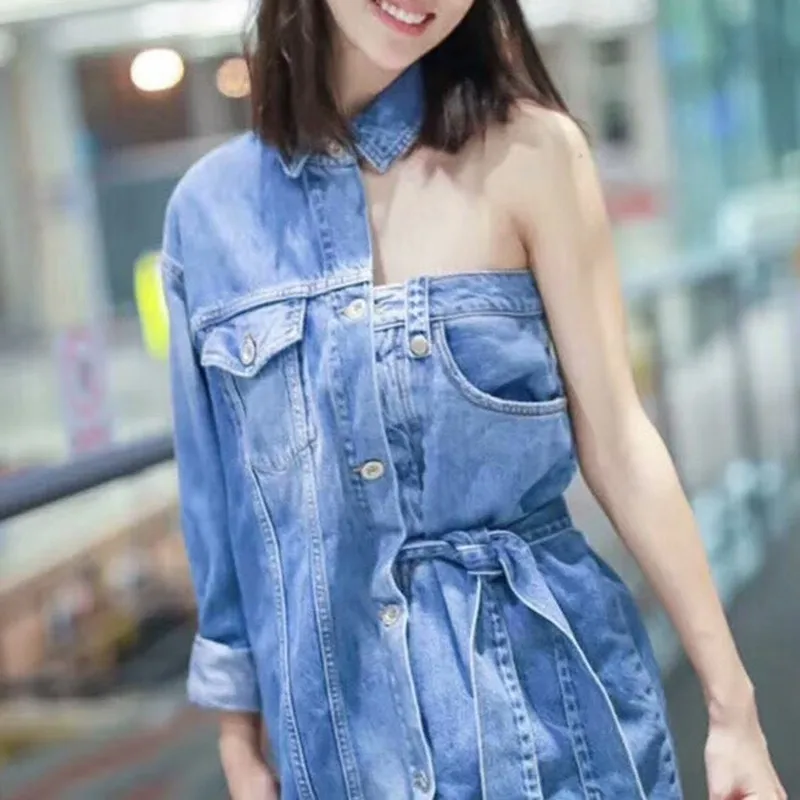 TWOTWINSTYLE летние джинсовые платья для женщин с лацканами на одно плечо с длинным рукавом Высокая талия Бандажное женское платье женская мода