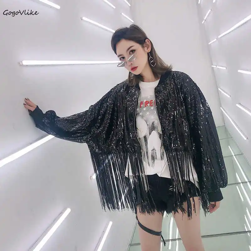 

Bling Sequined Bomber jacket 2019 New Motorcycle Tassel Coat girl platform singer coats Punk Loose Jacket Long Sleeve LT387S60