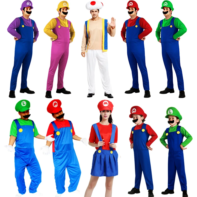 

super mario and luigi bros brothers costumes for adults kids halloween women girl men child cosplay princess baby party