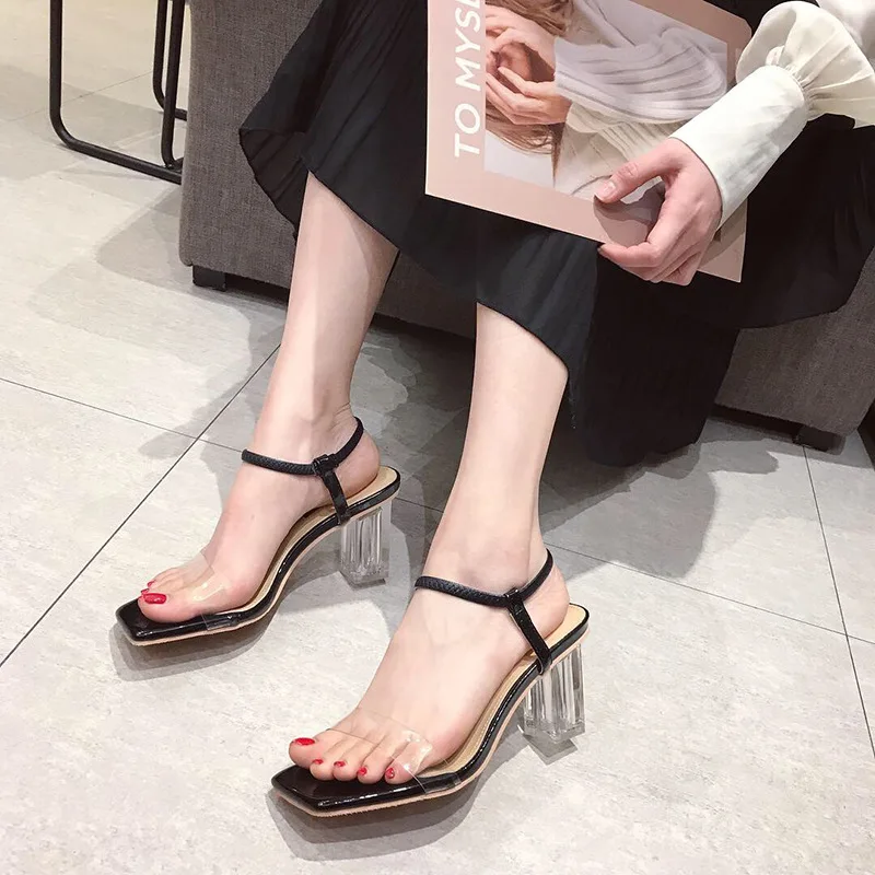 

PVC Transparent Sandals Square Head Round With Buckle Heels Sexy Party Ankle Strap Women Clear Heel Sandals Female Summer