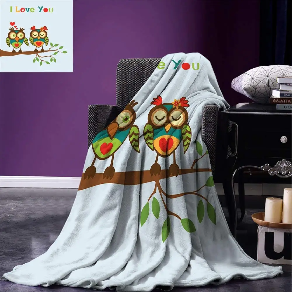 Romantic Throw Blanket Colorful Abstract Owls on a Branch with a Quote