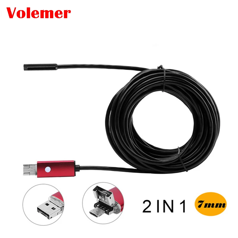 Volemer Endoscope Android 2 in1 2M/5M/10M PC USB Inspection Mini Camera 5.5MM Lens 720P HD Borescope Video Cam 6 LED Micro | Электроника
