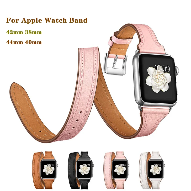 Ремешок двойной из натуральной кожи для Apple Watch band 4 44/40/42/38 мм браслет iwatch series 3/2/1