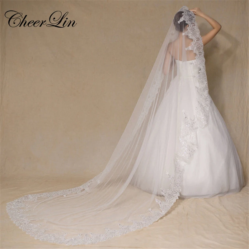 Wholesale 3 Meter Ivory Wedding Veils Long Beaded Lace Edge Bridal Veil (1)