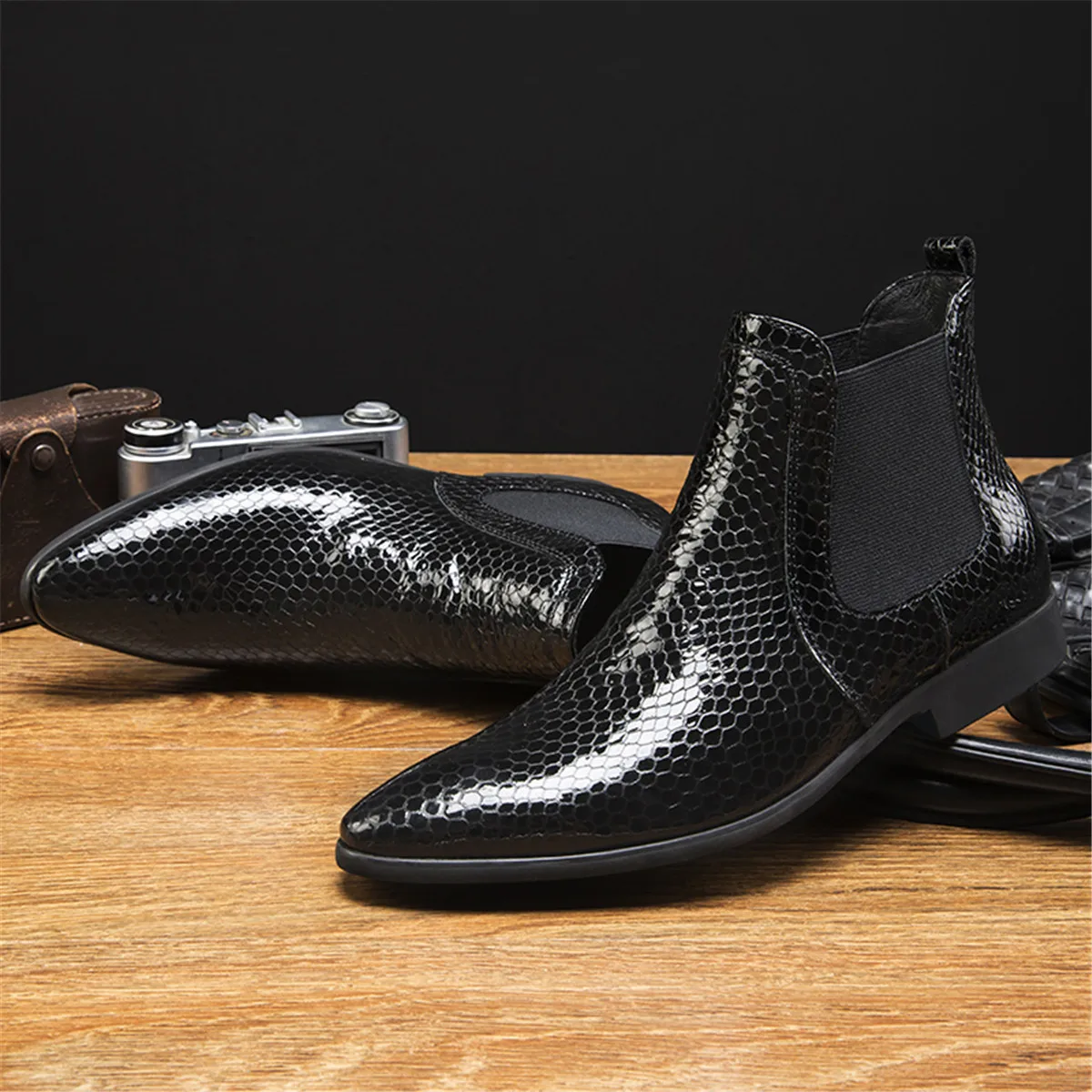 Fashion Serpentine Ankle Boots Mens Dress Boots Patent Leather Male Chelsea Boots - AliExpress