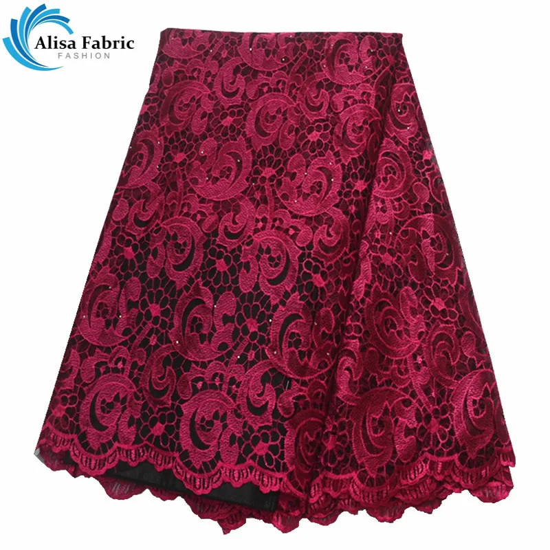 

Alisa Red Embroidery African lace fabric high quality 2019 French net laces with stones 5 yards/pcs mesh lace fabric for dresses