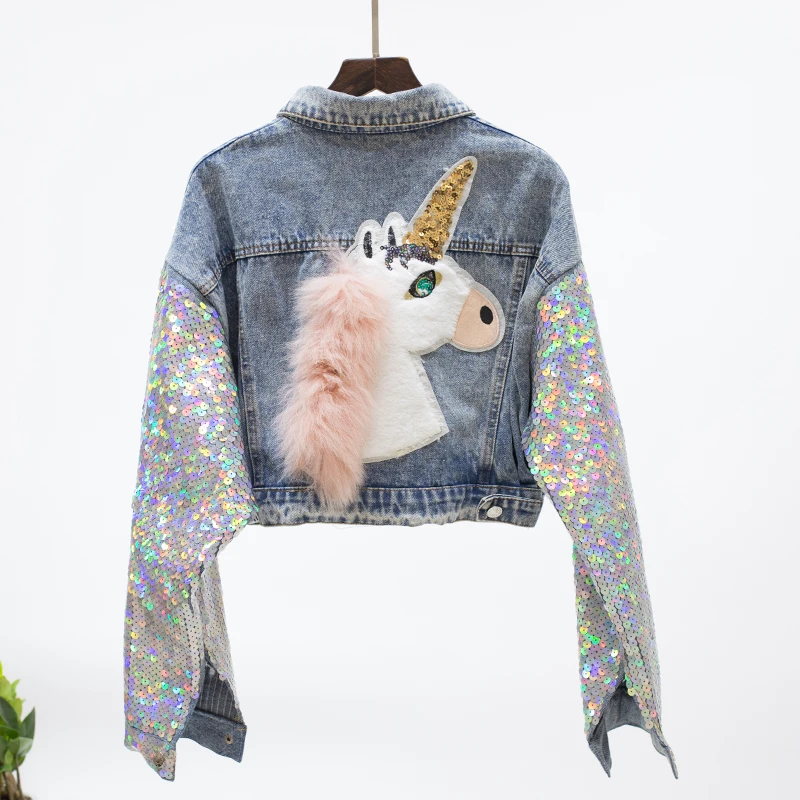 

TREND-Setter 2018 Spring Fashion Denim Jacket Women Sequins Sleeve With Unicorn Pattern Jean High Waist Jackets