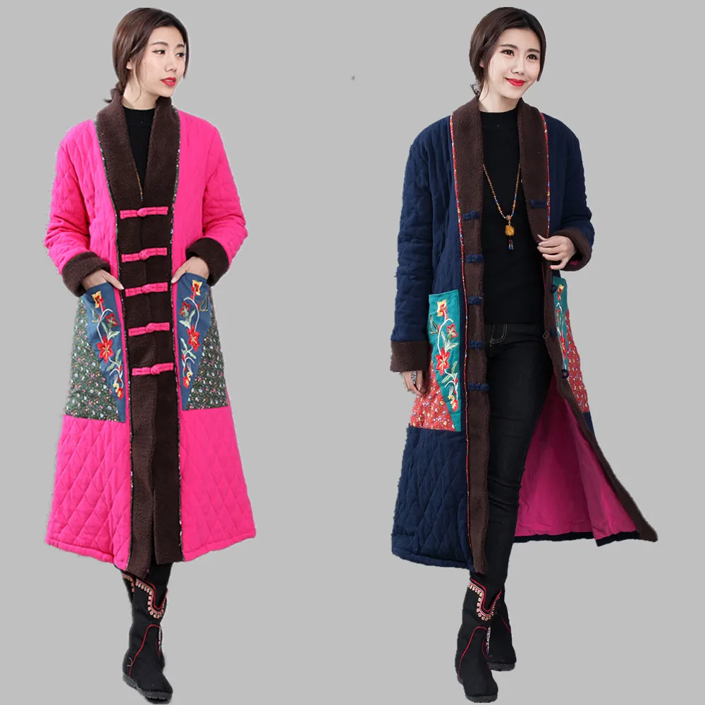 

Chinese Traditional Cotton-Padded Trench Coat Linen Cotton Padded Maxi Long Coats Parka Loose Women Retro Outerwear Long Jacket
