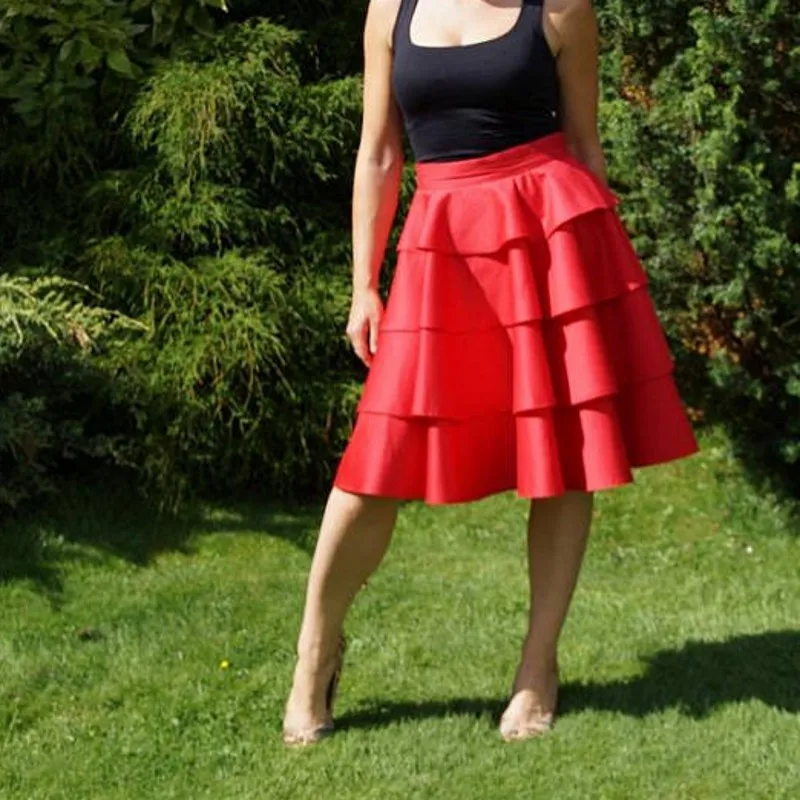 Red Color Knee Length Satin Skirts For Yong Lady Tiered Midi Skirt
