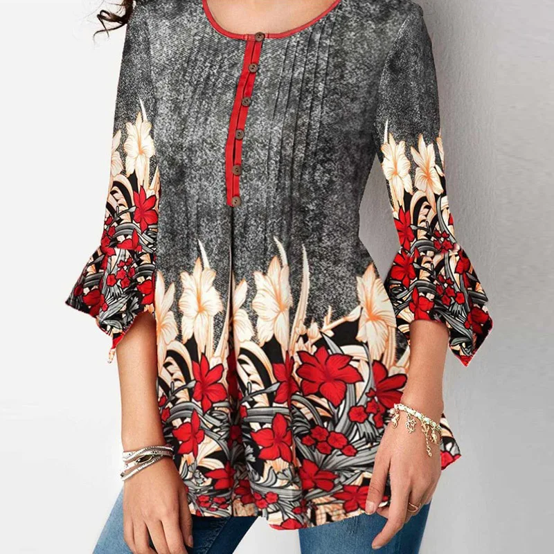 5xl размера плюс женская блузка модная женская блузка с рукавом три четверти с цветочным принтом рубашка большого размера Женская Туника Топы - Цвет: Серый
