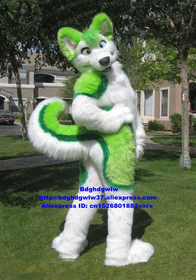 

Green White Long Fur Wolf Coyote Fox Husky Dog Alaskan Malamute Mascot Costume Character People Wear Company Celebration zx450