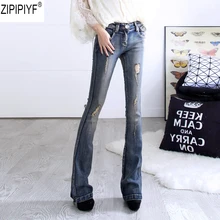 Плюс Размеры модные длинные расклешенные джинсы женские Высокая Талия Рваные джинсы новые джинсовые штаны брюки Для женщин отверстие широкие брючины расклешенные джинсы C2017