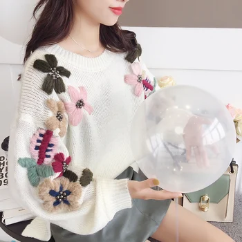 

2018 autumn winter flower women knitted pullovers pink white o-neck loose solid sweater lady thicken warm coat tops