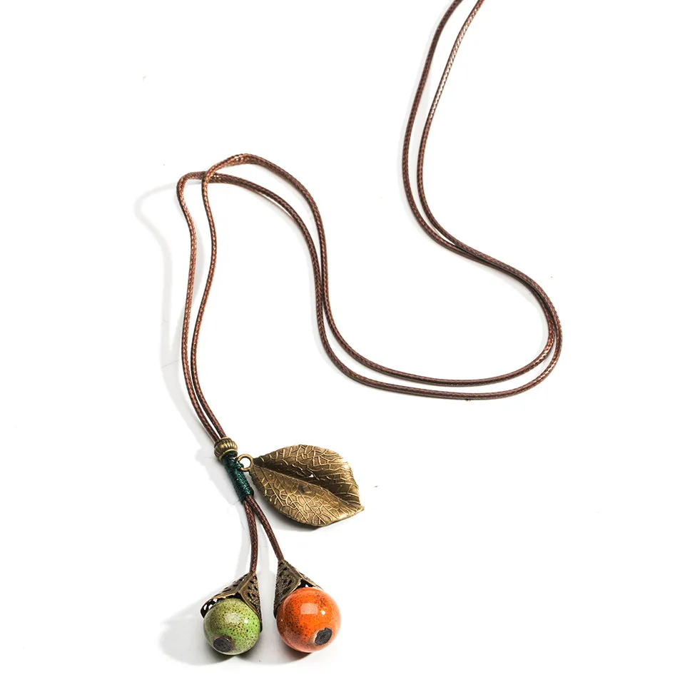 Очаровательное китайское Цзиндэчжэнь керамическое ожерелье с подвеской винтажные Длинные ожерелья в виде кожаной веревки для женщин модные ювелирные изделия подарки - Окраска металла: N010117D-3