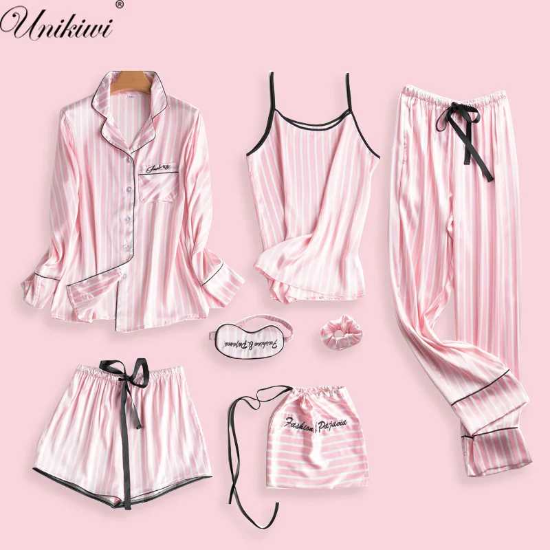 

Women's Lingerie Homewear 7 pieces Pink Pajama Sets Satin Sleepwear Ladies Floral Pyjamas Set Pijamas Suit Loungewear.10 Colors