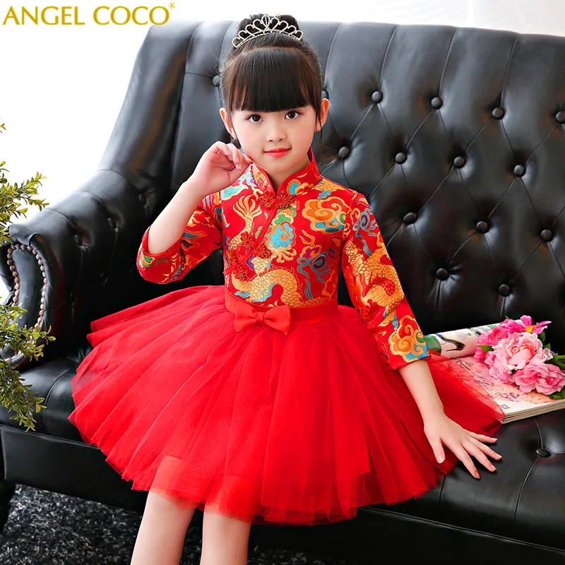 

Chinese New Year Girls Clothing Children'S Wedding Party Dresses For Girls Long Sleeve Red Satin Girl Evening Dress Robe Fille