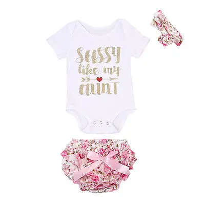 

3PCS Floral Baby Girls Clothes Short Sleeve Bodysuit Jumpsuit +Ruffle Shorts Pants Handband Summer Children Sunsuit