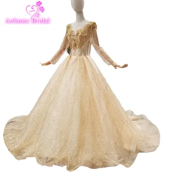 

2018 New Gold Sequin Bead Tassel O-neck Court Train A-line Party Prom Dress Long Sleeves Floor-length Illusion Evening Dresses
