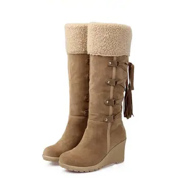 

2018 winter Knee High Women Boots Warm Winter Cattle leather Fashion wedge warm snow Boots high heel Women Shoes Size 34-43