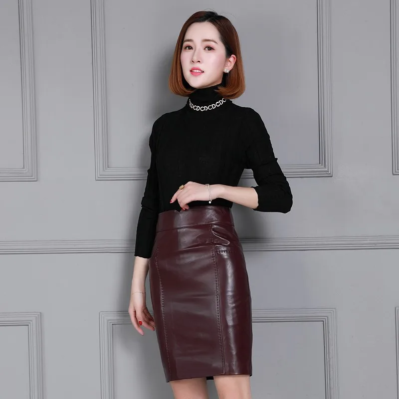 wine red Прямые юбки из натуральной кожи для офисных леди, новинка, Осенние тонкие длинные юбки средней длины из натуральной овечьей кожи, сексуальные женские юбки с высокой талией - Цвет: wine red