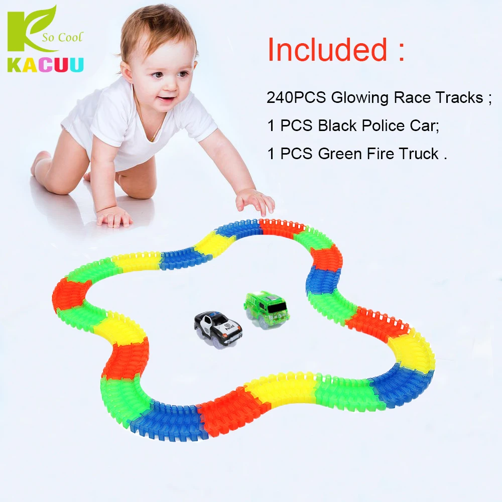 Magical 240pcs Tracks +2 Cars Glow in the dark Big Size 7.5CM Girls Boys Plastic Racing Track Toys For Children Kids Gifts